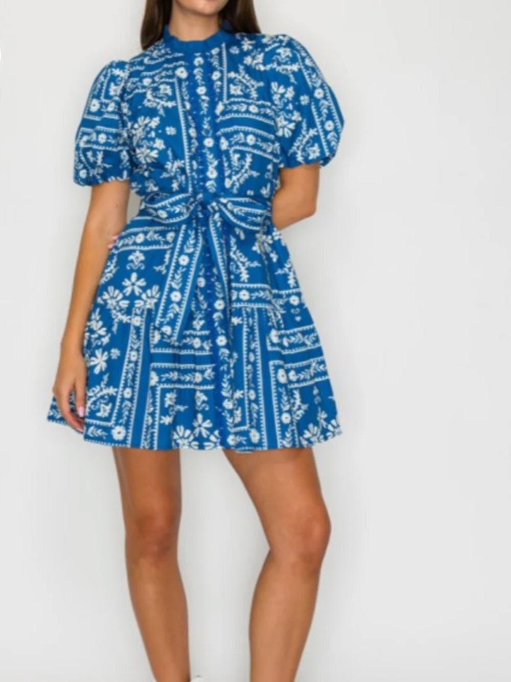 Love Wednesday Blue Bandana-Print Puff Sleeve  💯 Cotton Mini Dress